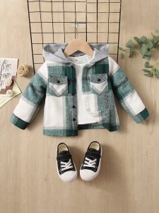 CatchyMarket Baby 1pc Plaid Flap Pocket Hooded Coat