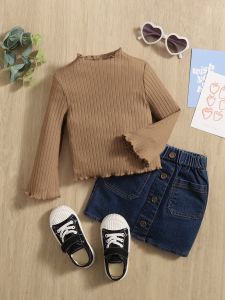 CatchyMarket Baby Lettuce Trim Trumpet Sleeve Ribbed Knit Tee