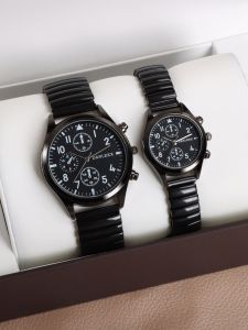 2pcs Stylish Classic Round Couple's Quartz Wristwatch With Black Elastic Band