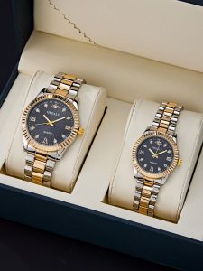 Couple's Fashionable Waterproof Rhinestone Decor Gold Strap Watch Band, Luxury Gift Set