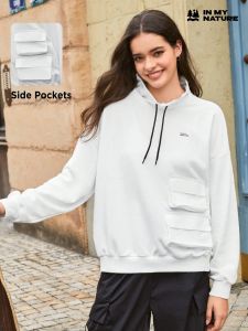 In My Nature Letter Graphic Flap Pocket Drop Shoulder Drawstring Outdoor Hoodie