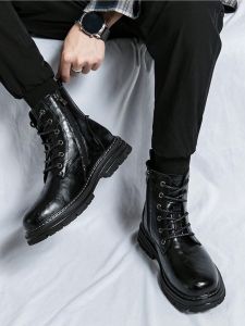 Men's Personality Punk Style Metal Decor Pu Leather Boots Black Lace-up Side Zipper Fashionable Classic Party High-top Work Boots