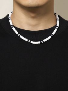 1pc Fashionable Simple Casual Black & White Polymer Clay Beaded Necklace, Suitable For Daily Or Party Wear For Men