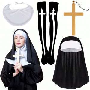 4pcs/Set Nun Costume Set, Nun Hat Nun Collar Cross Pendent Necklace Knee Thigh High Socks for Halloween Cosplay Women Fancy Dress Up Costume Accessories, Carnival Theme Party Favors