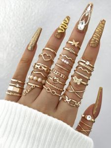 30pcs Punk Style Rings Set With Heart Shaped Diamond, Butterfly, Faux Pearl And Other Elements Suitable For Women's Daily Wear